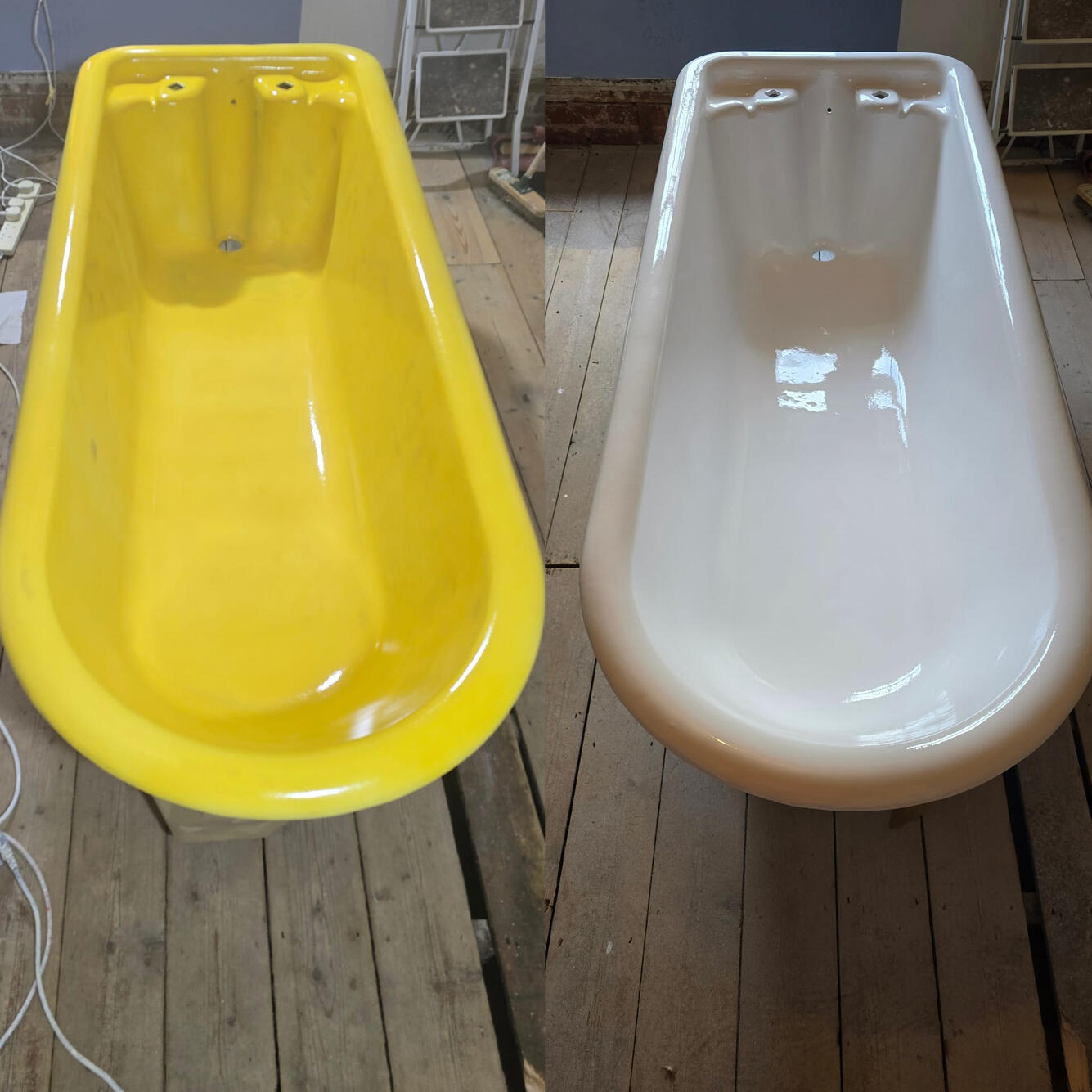 OldBEFORE AND AFTER PHOTOS OF A CAST IRON ROLL TOP BATH RE-ENAMELLED IN Weston-super-Mare