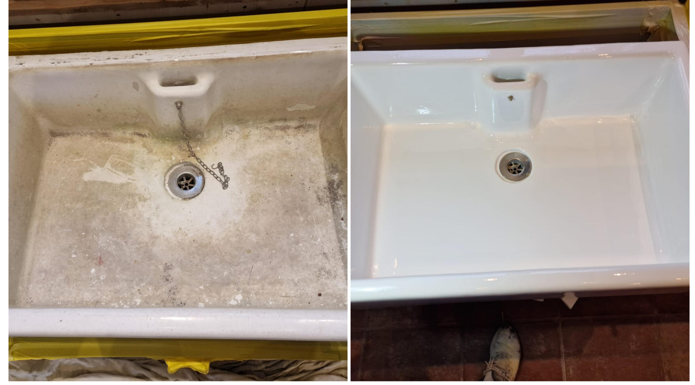 BEFORE AND AFTER PHOTOS OF A KITCHEN CERAMIC BELFAST SINK, WAS DAMAGED AND FULL OF CHIPS, FULLY RESORED TO A LIKE NEW FINISH IN Weston-super-Mare