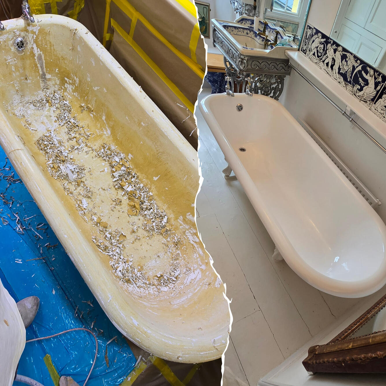 Before and after Victorian cast iron roll top bath re-enamelling in Worle, Weston-super-Mare