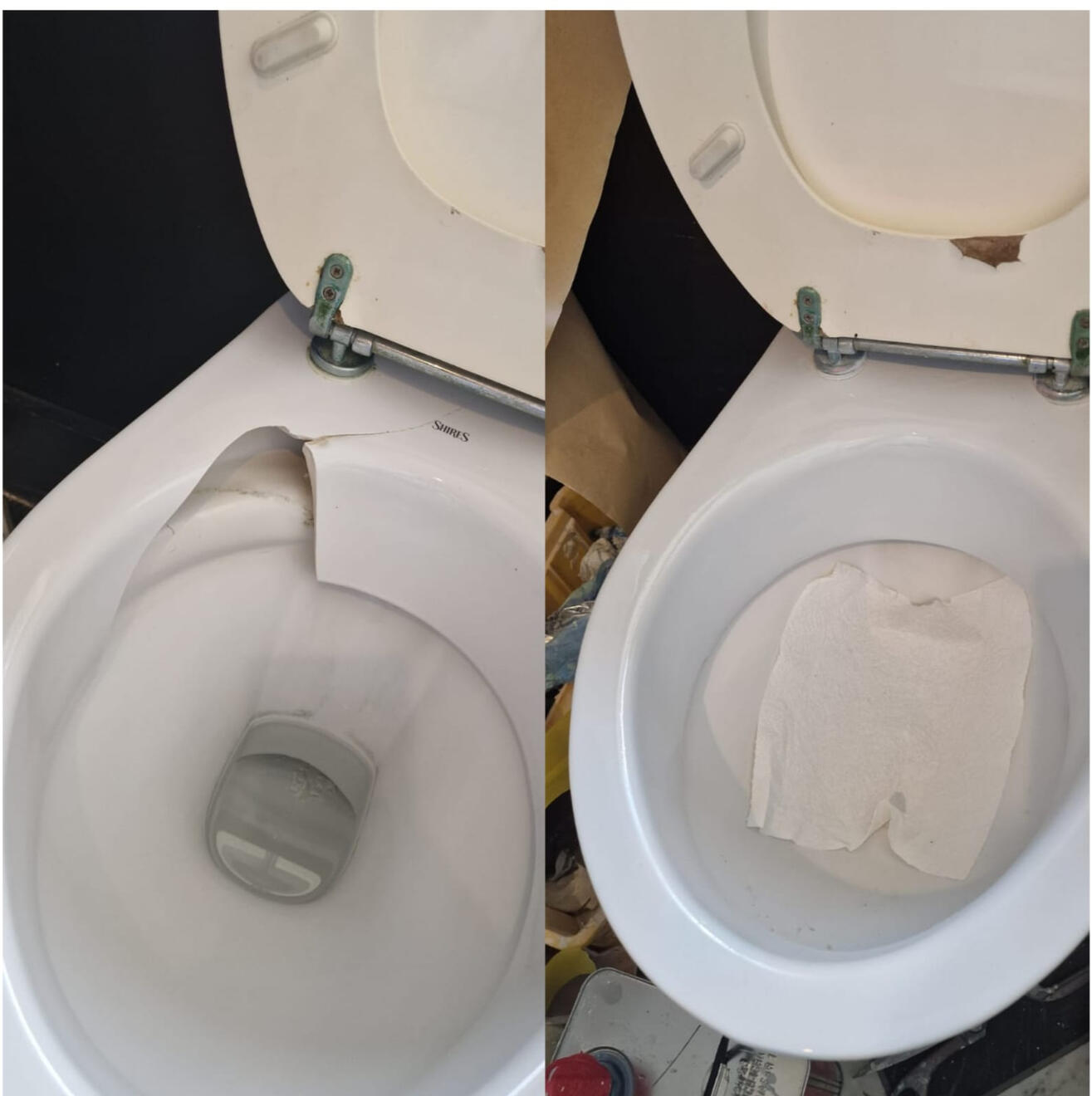 before and after pictures of a ceramic toilet crack repair in a pub in the center of Weston-super-Mare