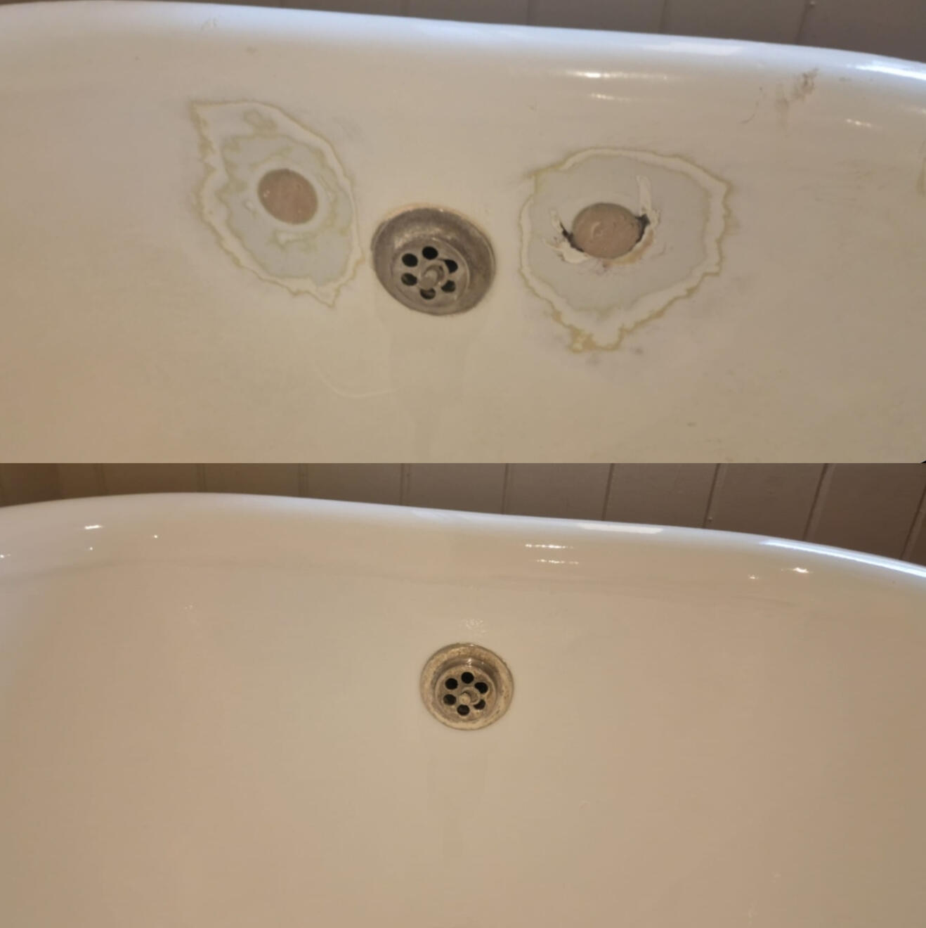Before and after cast iron bath tap holes filled and repaired in Milton, Weston-super-Mare