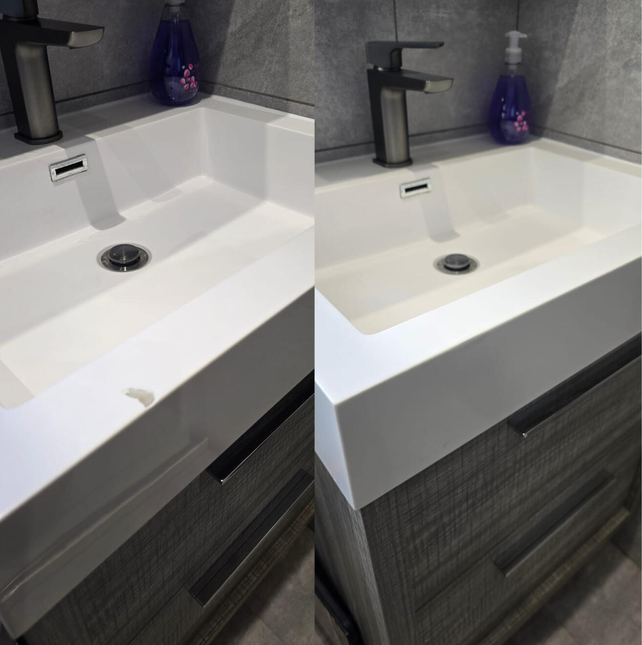 Before and after composite bathroom basin chip repair in Weston-super-Mare - Airbnb property
